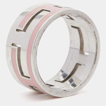 Pre Owned Hermès Sterling Silver Pink Enamel Move H Ring Size EU 52 
