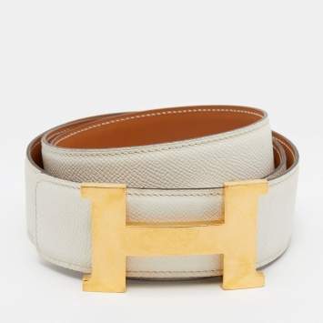 Pre Owned Hermes White Epsom Leather H Constance Reversible Belt 95CM