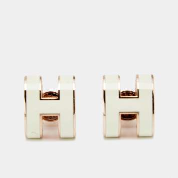 Pre Owned Hermes Pop H White  Lacquer Rose Gold Tone Stud Earrings