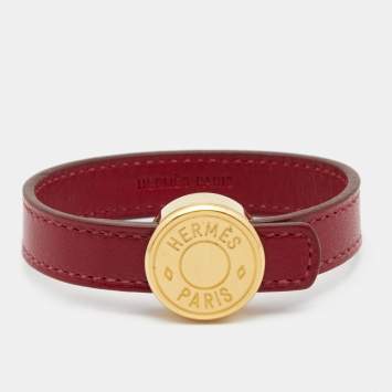Pre Owned Hermes Clou de Selle Red Leather Gold Tone Bracelet M