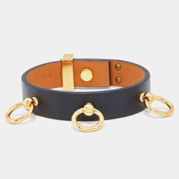 Pre Owned Hermes Mini Dog Black Leather Gold Tone Bracelet