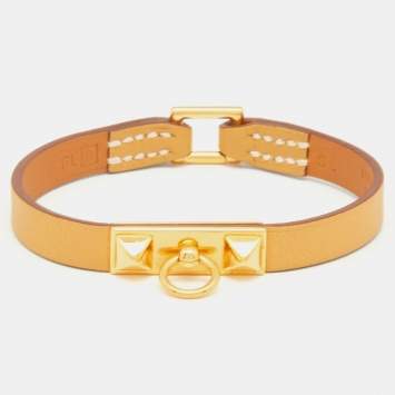 Pre Owned Hermès Rivale Mini Yellow Leather Gold Plated Bracelet S