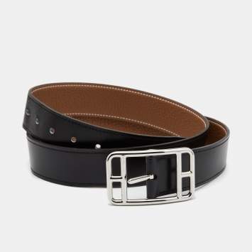 Pre Owned Hermes Black/Gold Box and Togo Leather Cape Cod Reversible Belt 85CM