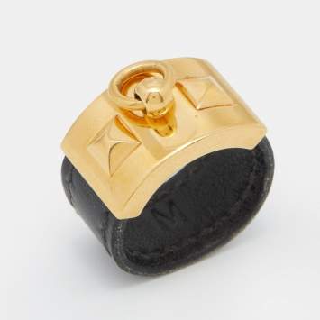 Pre Owned Hermès Collier de Chien Gold Plated Black Leather Band Ring Size EU 57