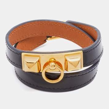 Pre Owned Hermès Black Leather Gold Plated Rivale Double Tour Bracelet S