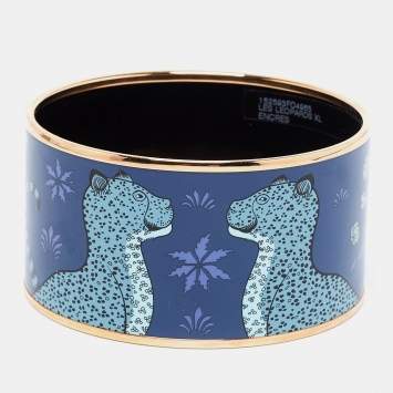Pre Owned Hermès Blue Les Leopards Gold Plated Wide Bangle Bracelet