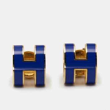 Pre Owned Hermès Mini Pop H Blue Lacquered Gold Plated Stud Earrings
