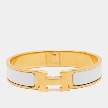 Pre Owned Hermes Clic H White Enamel Gold Plated Narrow Bracelet