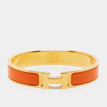 Pre Owned Hermès Clic H Orange Enamel Gold Plated Narrow Bracelet