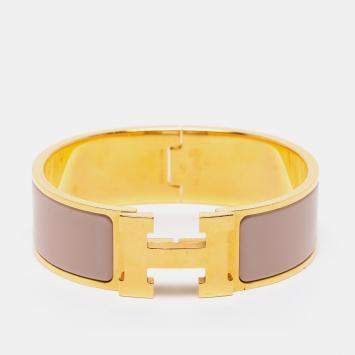 Pre Owned Hermès Clic Clac H Pink Enamel Gold Plated Wide Bracelet