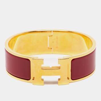 Pre Owned Hermès Clic Clac H Burgundy Enamel Gold Plated Wide Bracelet