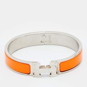 Pre Owned Hermes Clic H Orange Enamel Palladium Plated Narrow Bracelet