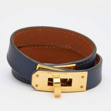 Pre Owned Hermes Kelly Navy Blue Leather Double Tour Bracelet XS