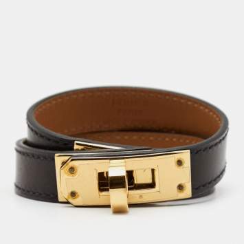 Pre Owned Hermès Black Leather Gold Plated Kelly Double Tour Bracelet