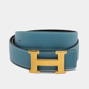 Pre Owned Hermes Blue Jean/Black Swift and Epsom Leather H Buckle Reversible Belt 85CM