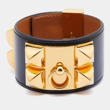 Pre Owned Hermès Black Leather Collier de Chien Cuff Bracelet S