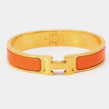 Pre Owned Hermes Clic H Orange Enamel Gold Plated Narrow Bracelet