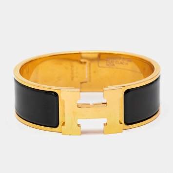 Pre Owned Hermès Clic Clac H Black Enamel Gold Plated Wide Bracelet