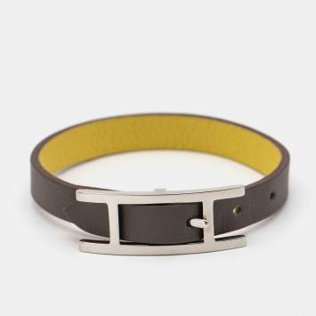 Pre Owned Hermes Behapi Bi-color Leather Palladium Plated Reversible Bracelet XS