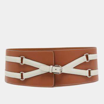 Pre Owned Hermes Tan/White Leather Waist Belt Size 75CM