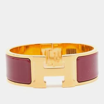 Pre Owned Hermès Clic Clac H Pink Enamel Gold Plated Wide Bracelet