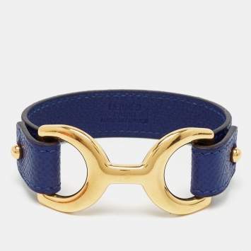 Pre Owned Hermes Pavane Blue Leather Gold Plated Metal Bracelet
