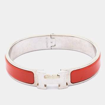 Pre Owned Hermes Orange Enamel Palladium Plated Clic Clac H Bracelet