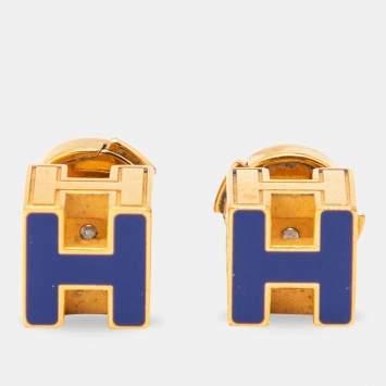 Pre Owned Hermes Cage d'H Enamel Gold Plated Stud Earrings