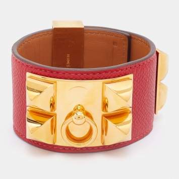 Pre Owned Hermès Red Leather Collier de Chien Cuff Bracelet S