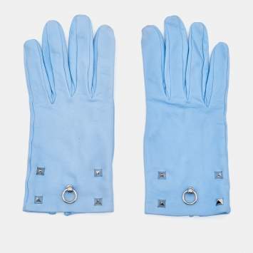 Pre Owned Hermès Blue Leather Medor Stud Gloves Size 7.5