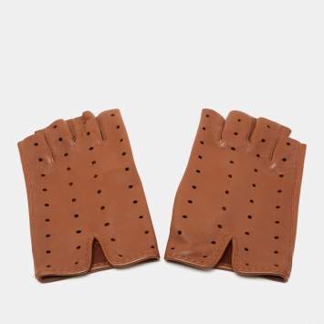 Pre Owned Hermes Brown Leather Perforated Fingerless Gloves Size 8
