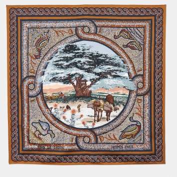 Pre Owned Hermes Brown Sous Le Cedre Printed Silk Square Scarf