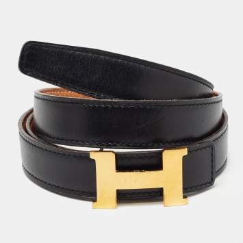 Pre Owned Hermes Black/Gold Togo and Box Leather Constance Reversible Belt 90CM