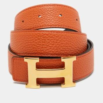 Pre Owned Hermes Orange/Chocolat Togo and Box Leather H Buckle Reversible Belt 100CM