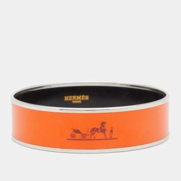 Pre Owned Hermes Orange Enamel Palladium Plated Caleche Bangle Bracelet