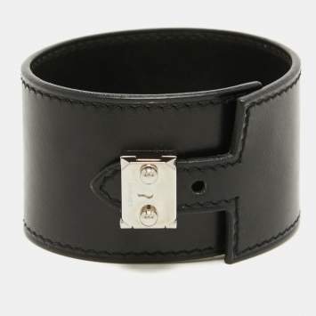 Pre Owned Hermes Black Leather Chamonix Vegas Lock Wide Cuff Bracelet