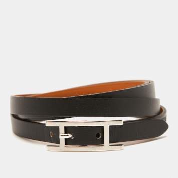 Pre Owned Hermes Black Leather Palladium Plated Hapi 4 Quad Tour Bracelet