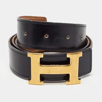 Pre Owned Hermes Black/Gold Chamonix/Togo Leather H Buckle Reversible Belt 90CM