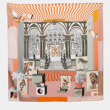 Pre Owned Hermes Orange Grand Theatre Nouveau Printed Silk Square Scarf