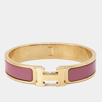 Pre Owned Hermes Clic H Pink Enamel Gold Plated Bracelet