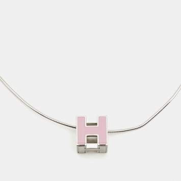 Pre Owned Hermes Silver/Pink Enamel Cage d'H Cube Pendant Necklace