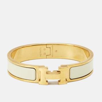 Pre Owned Hermes Clic H White Enamel Gold Plated Narrow Bracelet
