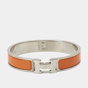 Pre Owned Hermes Clic H Orange Enamel Palladium Plated Narrow Bracelet