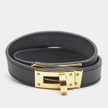 Pre Owned Hermès Dark Grey Leather Gold Plated Kelly Double Tour Bracelet