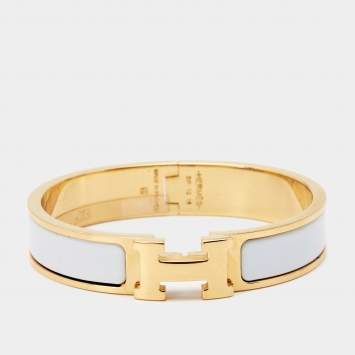 Pre Owned Hermes Clic H White Enamel Gold Plated Bracelet