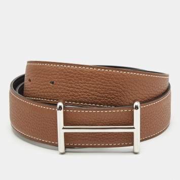 Pre Owned Hermes Black/Gold Togo and Box Leather H D'ancre Reversible Belt 85CM
