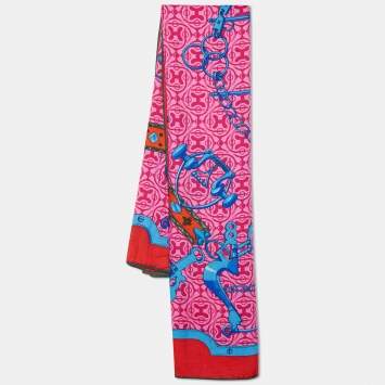 Pre Owned Hermes Pink Mors Et Gourmettes Printed Cashmere & Silk Square Scarf