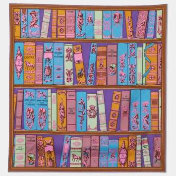 Pre Owned Hermes Purple Bibliothèque Printed Silk Square Handkerchief