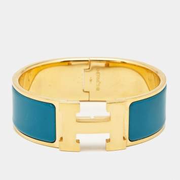 Pre Owned Hermes Clic Clac H Blue Enamel Gold Plated Wide Bracelet