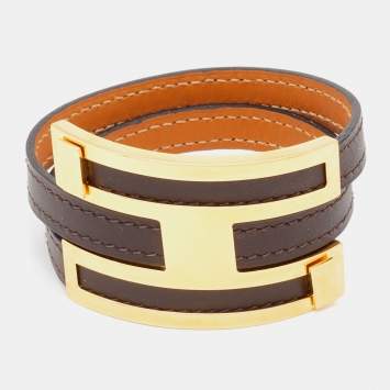 Pre Owned Hermes Pousse Pousse Brown Leather Gold Plated Bracelet